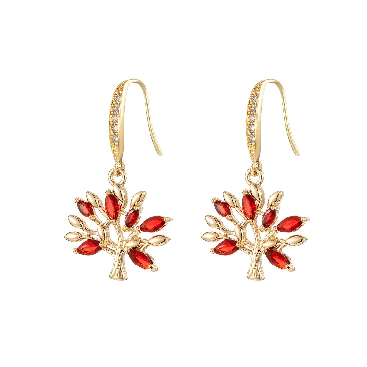 Red Crystal & Cubic Zirconia Goldtone Tree Hook Earrings