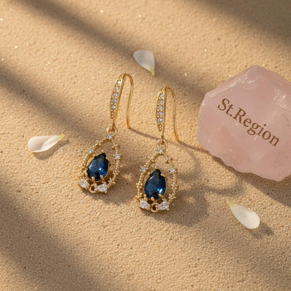 Blue Crystal and Cubic Zirconia Goldtone Teardrop Hook Earrings, gold drop earrings for women, detail close-up