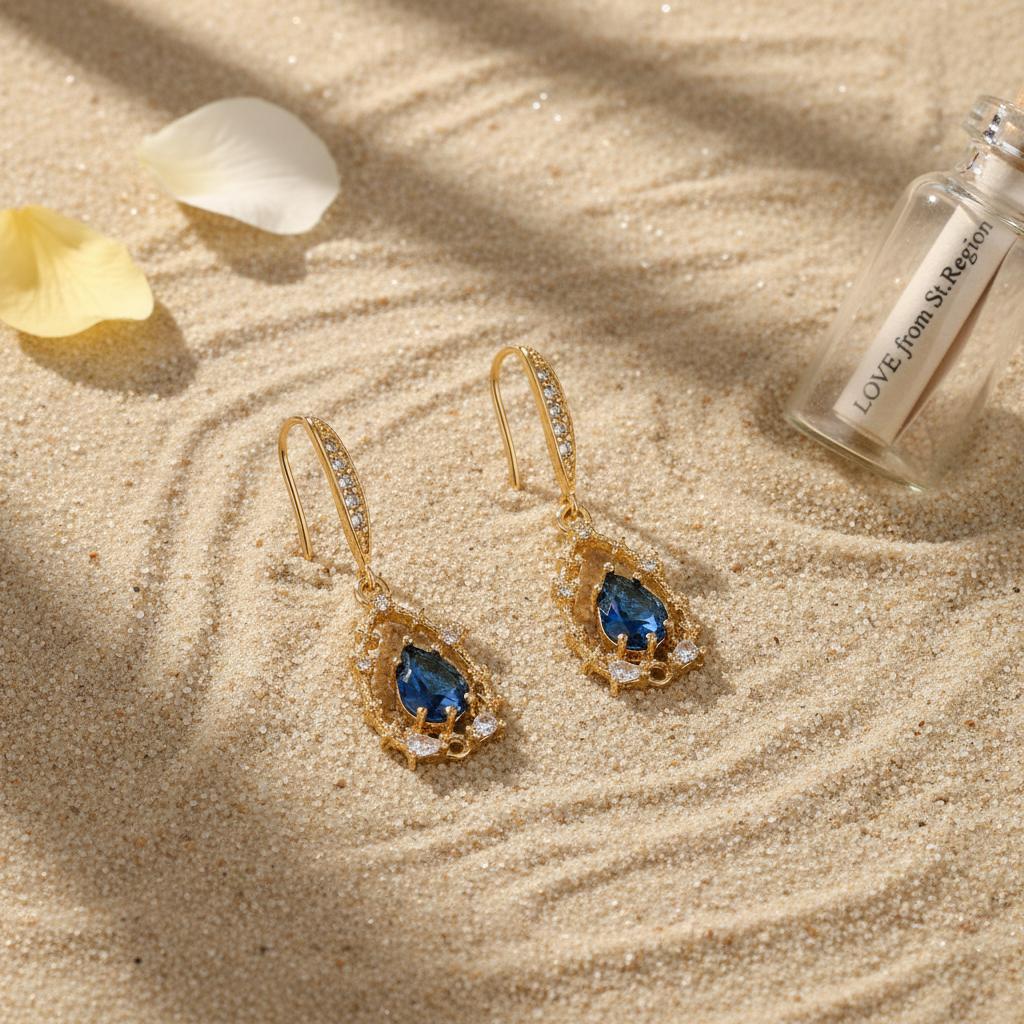 Blue Crystal and Cubic Zirconia Goldtone Teardrop Hook Earrings, gold drop earrings for women, lifestyle look