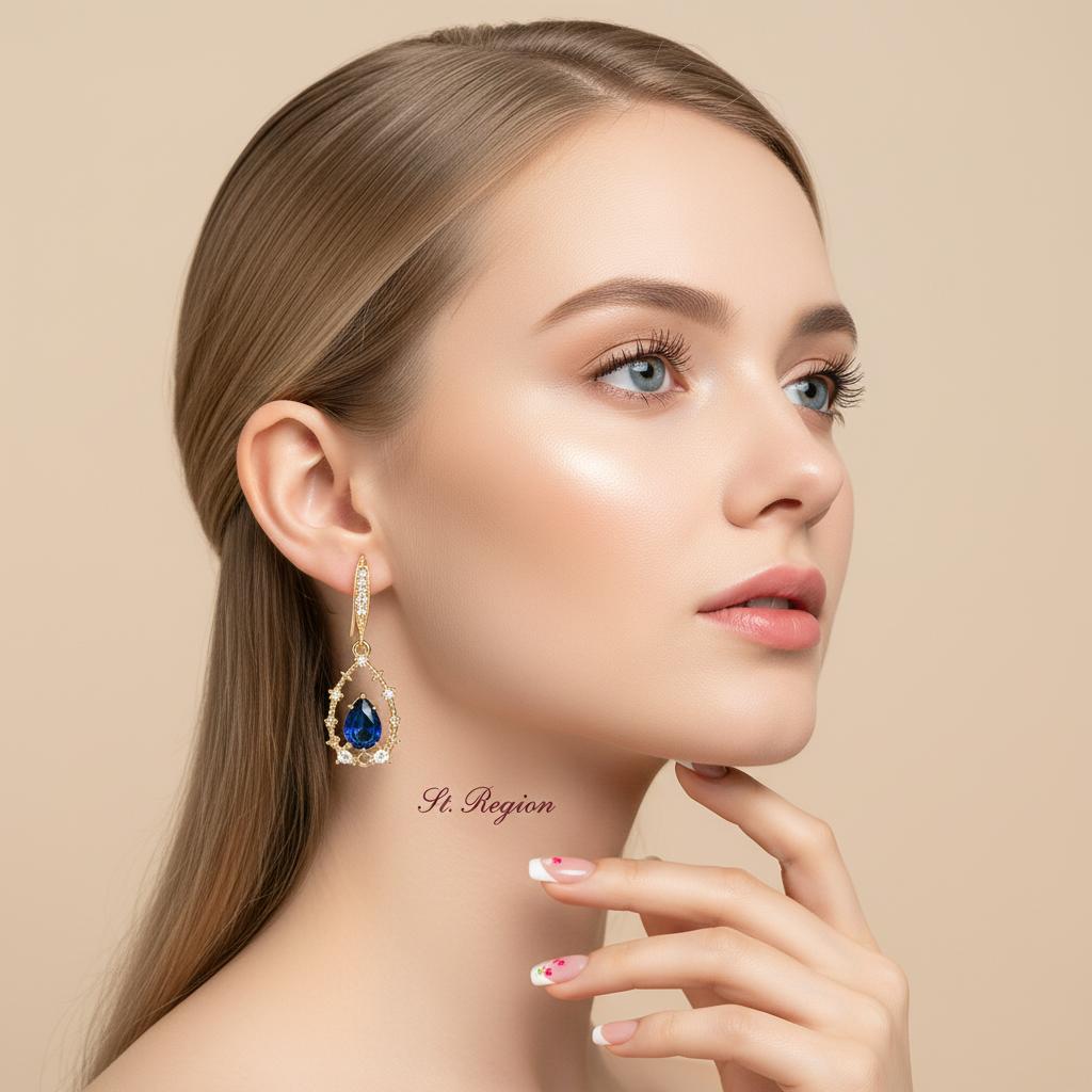 Blue Crystal and Cubic Zirconia Goldtone Teardrop Hook Earrings, gold drop earrings for women, styled look