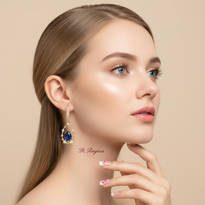 Blue Crystal and Cubic Zirconia Goldtone Teardrop Hook Earrings, gold drop earrings for women, styled look