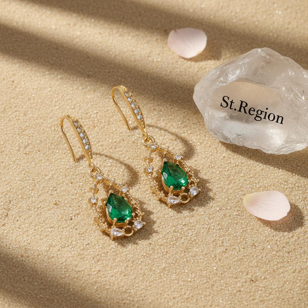 Green Crystal and Cubic Zirconia Goldtone Teardrop Hook Earrings, gold drop earrings for women, detail close-up