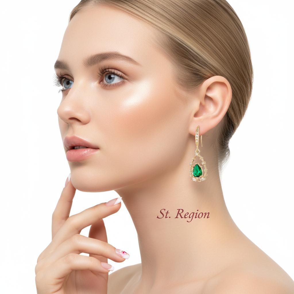 Green Crystal and Cubic Zirconia Goldtone Teardrop Hook Earrings, gold drop earrings for women, styled look