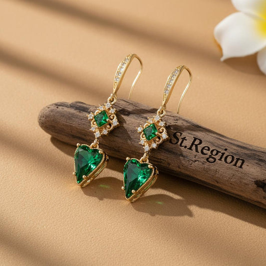 Green Crystal & Cubic Zirconia Goldtone Rhombus Heart Hook Earrings