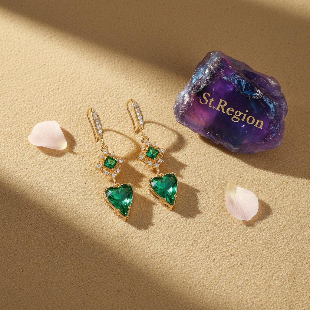 Green Crystal and Cubic Zirconia Goldtone Rhombus Heart Hook Earrings, gold drop earrings for women, detail close-up
