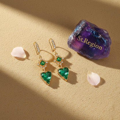 Green Crystal and Cubic Zirconia Goldtone Rhombus Heart Hook Earrings, gold drop earrings for women, detail close-up