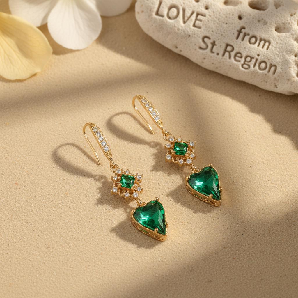 Green Crystal and Cubic Zirconia Goldtone Rhombus Heart Hook Earrings, gold drop earrings for women, lifestyle look