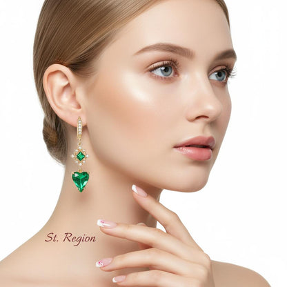 Green Crystal and Cubic Zirconia Goldtone Rhombus Heart Hook Earrings, gold drop earrings for women, styled look