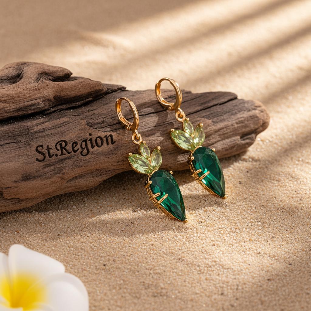 Green Crystal and Goldtone Carrot Huggie Earrings, gold huggie earrings, dainty minimalist design, front view