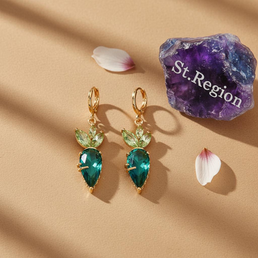 Green Crystal and Goldtone Carrot Huggie Earrings, gold huggie earrings, dainty minimalist design, detail close-up
