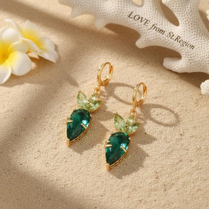 Green Crystal and Goldtone Carrot Huggie Earrings, gold huggie earrings, dainty minimalist design, lifestyle look