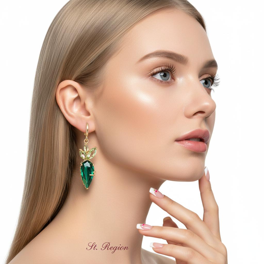 Green Crystal and Goldtone Carrot Huggie Earrings, gold huggie earrings, dainty minimalist design, styled look