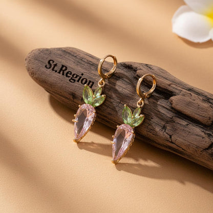 Pink Crystal and Goldtone Carrot Huggie Earrings, gold huggie earrings, vintage-inspired design, front view