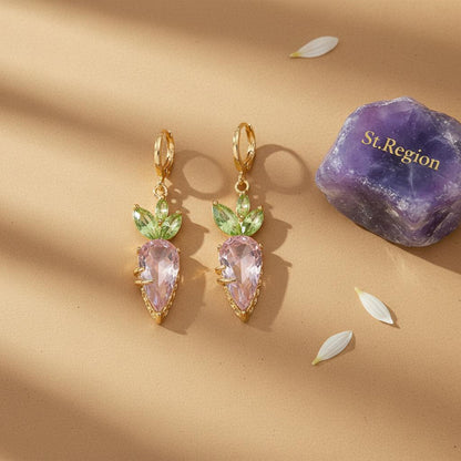 Pink Crystal and Goldtone Carrot Huggie Earrings, gold huggie earrings, vintage-inspired design, detail close-up