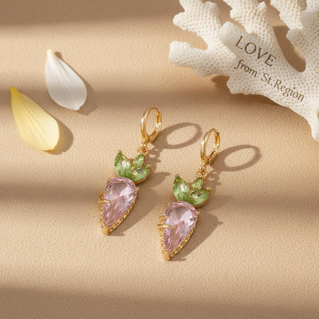 Pink Crystal and Goldtone Carrot Huggie Earrings, gold huggie earrings, vintage-inspired design, lifestyle look
