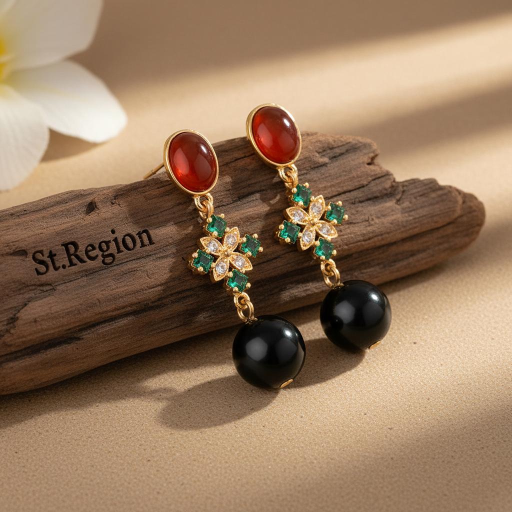 Red Resin and Green Crystal Goldtone Flower Ball Dangle Earrings, gold drop earrings for women, everyday style, front view