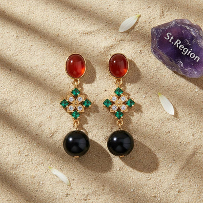 Red Resin and Green Crystal Goldtone Flower Ball Dangle Earrings, gold drop earrings for women, detail close-up