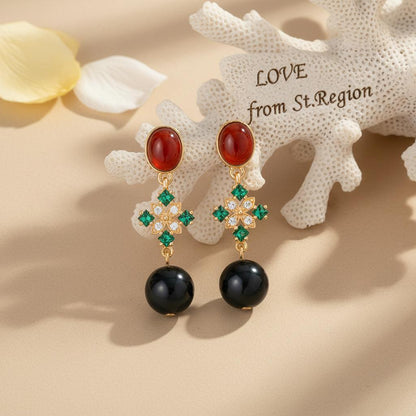 Red Resin and Green Crystal Goldtone Flower Ball Dangle Earrings, gold drop earrings for women, lifestyle look