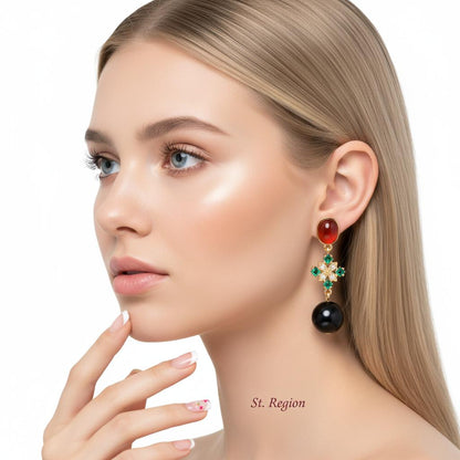 Red Resin and Green Crystal Goldtone Flower Ball Dangle Earrings, gold drop earrings for women, everyday style, styled look