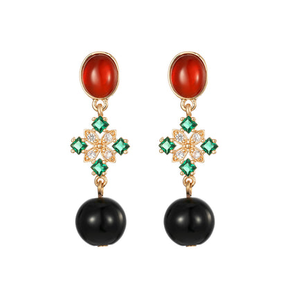 Red Resin & Green Crystal Goldtone Flower Ball Dangle Earrings