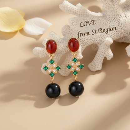 Red Resin & Green Crystal Goldtone Flower Ball Dangle Earrings - Street Region
