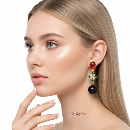 Red Resin & Green Crystal Goldtone Flower Ball Dangle Earrings - Street Region