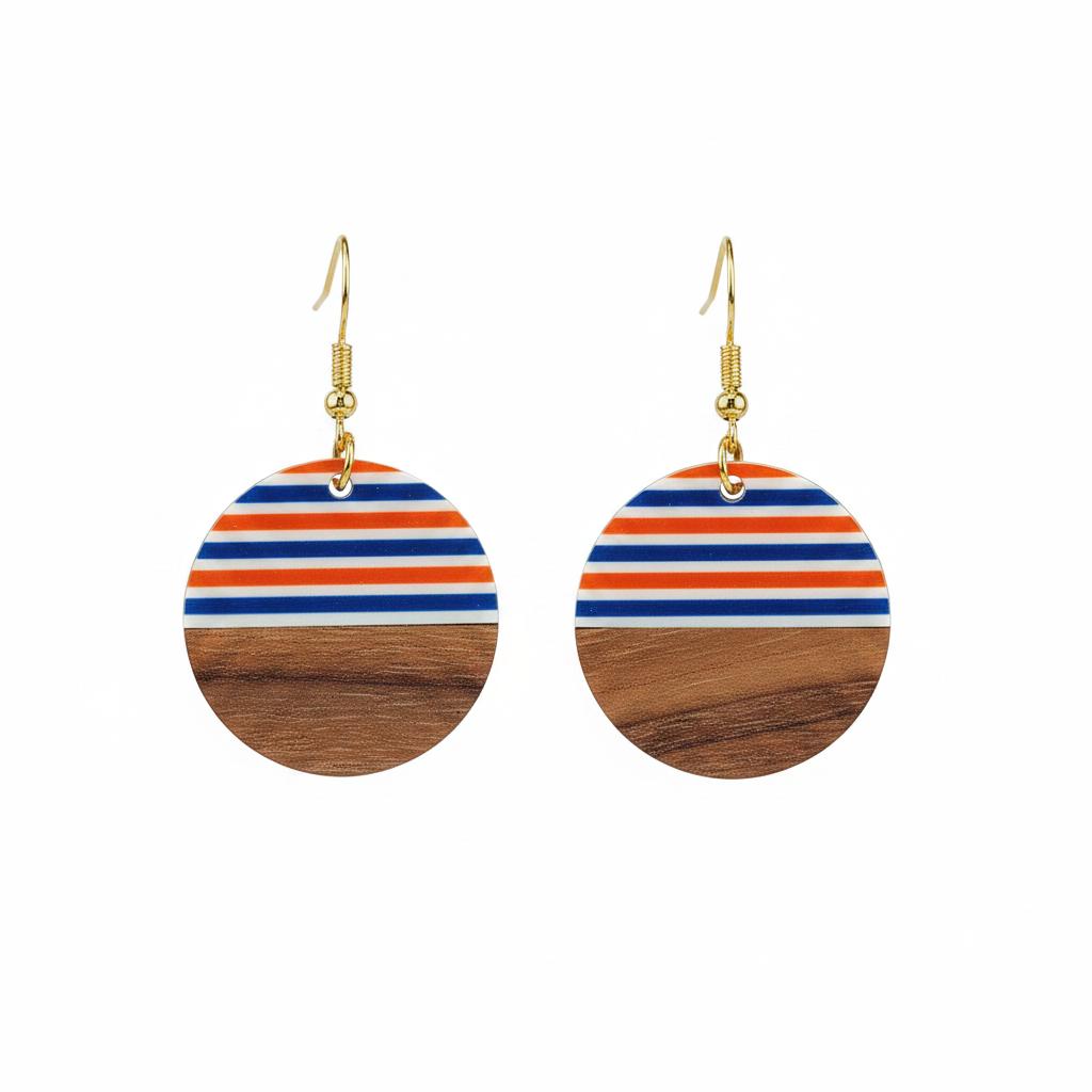 Orange and Blue Resin Wood Goldtone Striped Circular Hook Earrings, gold drop earrings for women, everyday style, side view