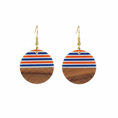 Orange and Blue Resin Wood Goldtone Striped Circular Hook Earrings, gold drop earrings for women, everyday style, side view