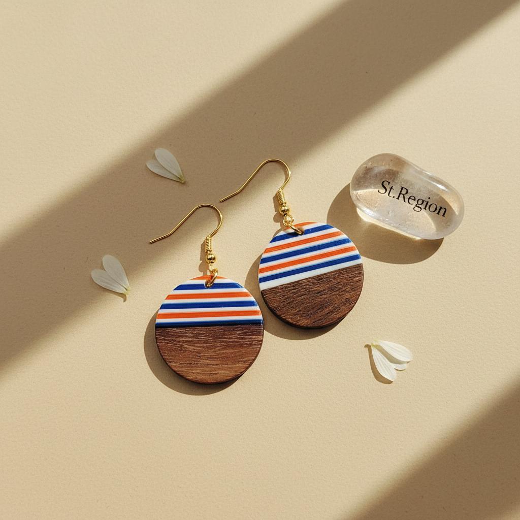 Orange and Blue Resin Wood Goldtone Striped Circular Hook Earrings, gold drop earrings for women, detail close-up
