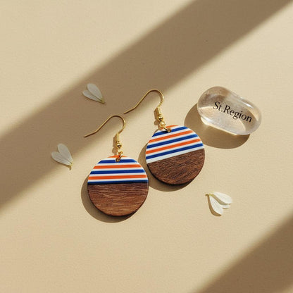 Orange and Blue Resin Wood Goldtone Striped Circular Hook Earrings, gold drop earrings for women, detail close-up