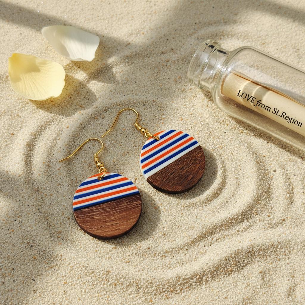 Orange and Blue Resin Wood Goldtone Striped Circular Hook Earrings, gold drop earrings for women, lifestyle look