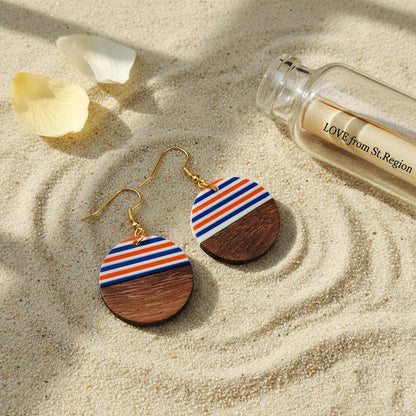 Orange and Blue Resin Wood Goldtone Striped Circular Hook Earrings, gold drop earrings for women, lifestyle look