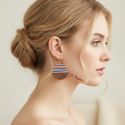 Orange and Blue Resin Wood Goldtone Striped Circular Hook Earrings, gold drop earrings for women, everyday style, styled look