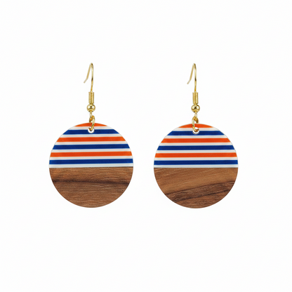 Orange & Blue Resin Wood Goldtone Striped Circular Hook Earrings - Street Region