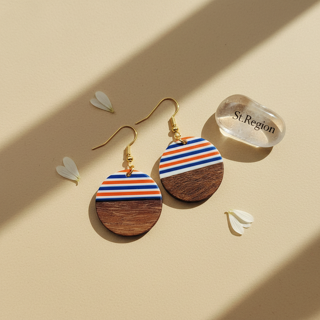 Orange & Blue Resin Wood Goldtone Striped Circular Hook Earrings - Street Region