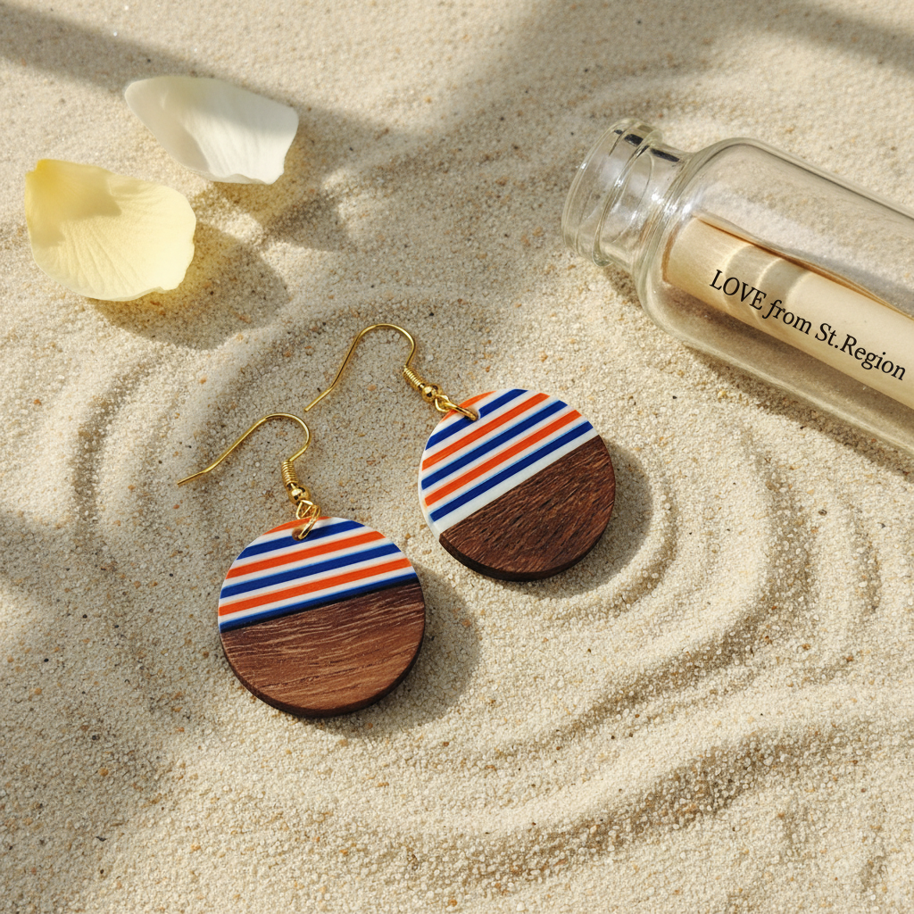 Orange & Blue Resin Wood Goldtone Striped Circular Hook Earrings - Street Region