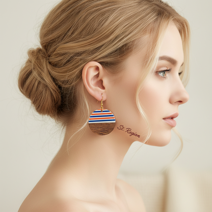 Orange & Blue Resin Wood Goldtone Striped Circular Hook Earrings - Street Region