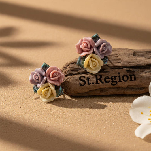 Multi-Colored Ceramic‌ and Silvertone Rose Cluster Stud Earrings, cubic zirconia stud earrings for women, front view