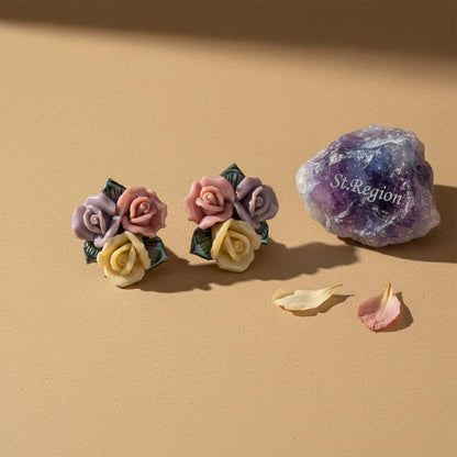 Multi-Colored Ceramic‌ and Silvertone Rose Cluster Stud Earrings, cubic zirconia stud earrings for women, detail close-up