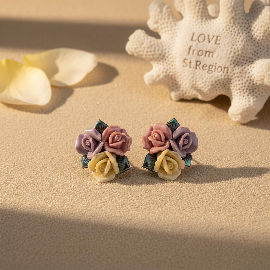 Multi-Colored Ceramic‌ and Silvertone Rose Cluster Stud Earrings, cubic zirconia stud earrings for women, lifestyle look