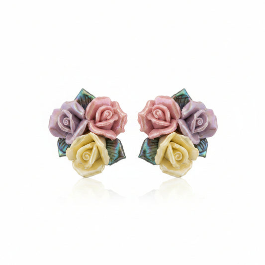 Multi-Colored Ceramic‌ & Silvertone Rose Cluster Stud Earrings