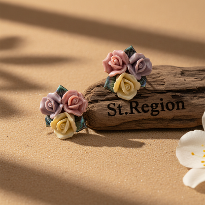 Multi-Colored Ceramic‌ & Silvertone Rose Cluster Stud Earrings - Street Region