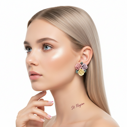 Multi-Colored Ceramic‌ & Silvertone Rose Cluster Stud Earrings - Street Region