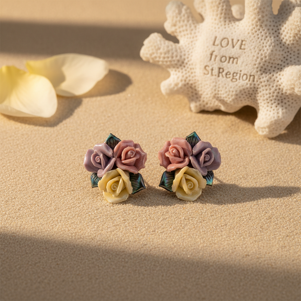 Multi-Colored Ceramic‌ & Silvertone Rose Cluster Stud Earrings - Street Region