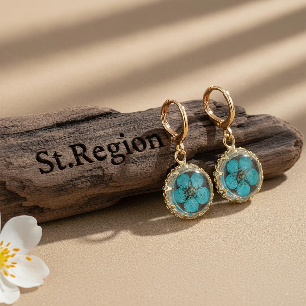 Light Blue Pressed Flower and Goldtone Round Huggie Earrings, gold huggie earrings, everyday style, front view