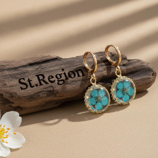 Light Blue Pressed Flower and Goldtone Round Huggie Earrings, gold huggie earrings, everyday style, front view