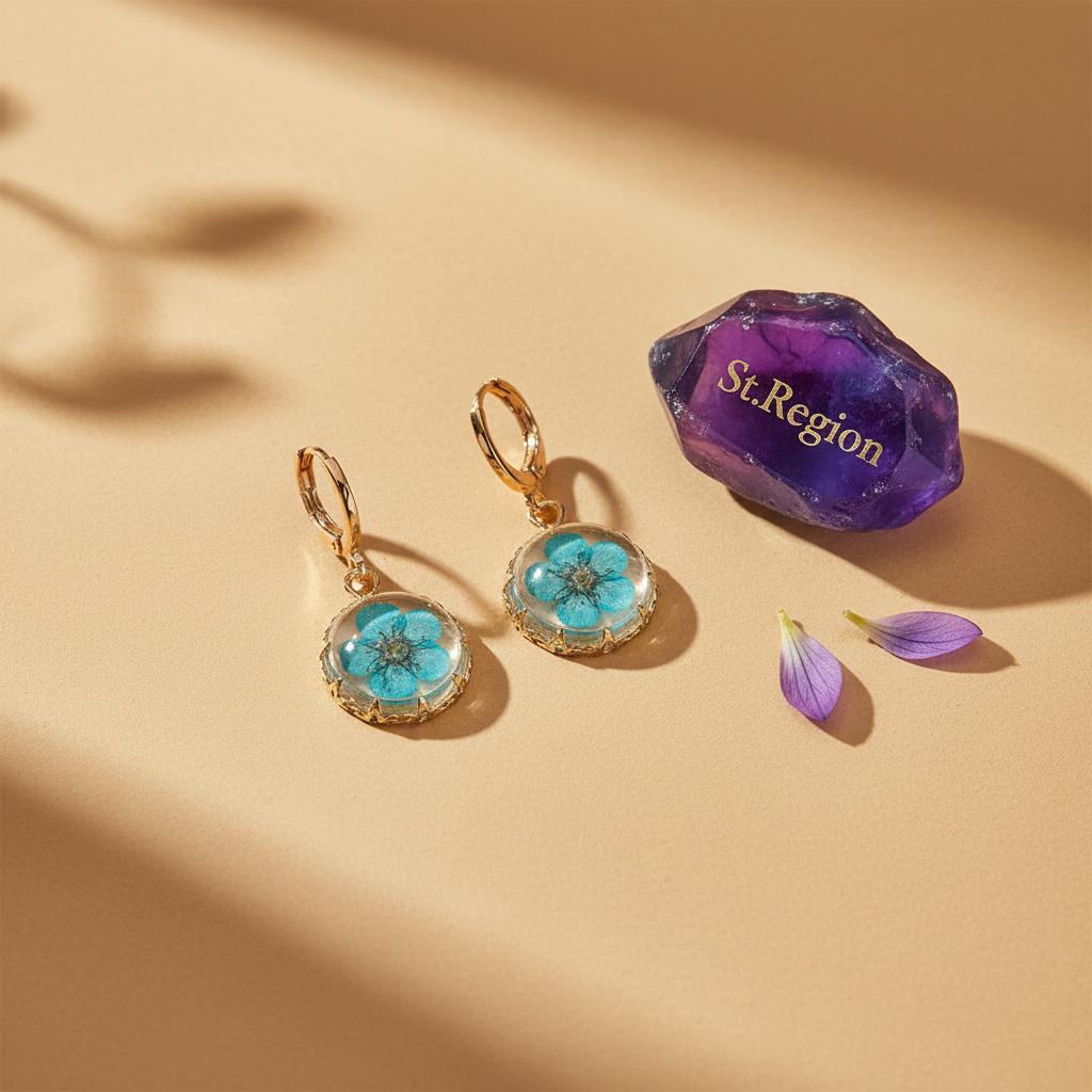 Light Blue Pressed Flower and Goldtone Round Huggie Earrings, gold huggie earrings, everyday style, detail close-up