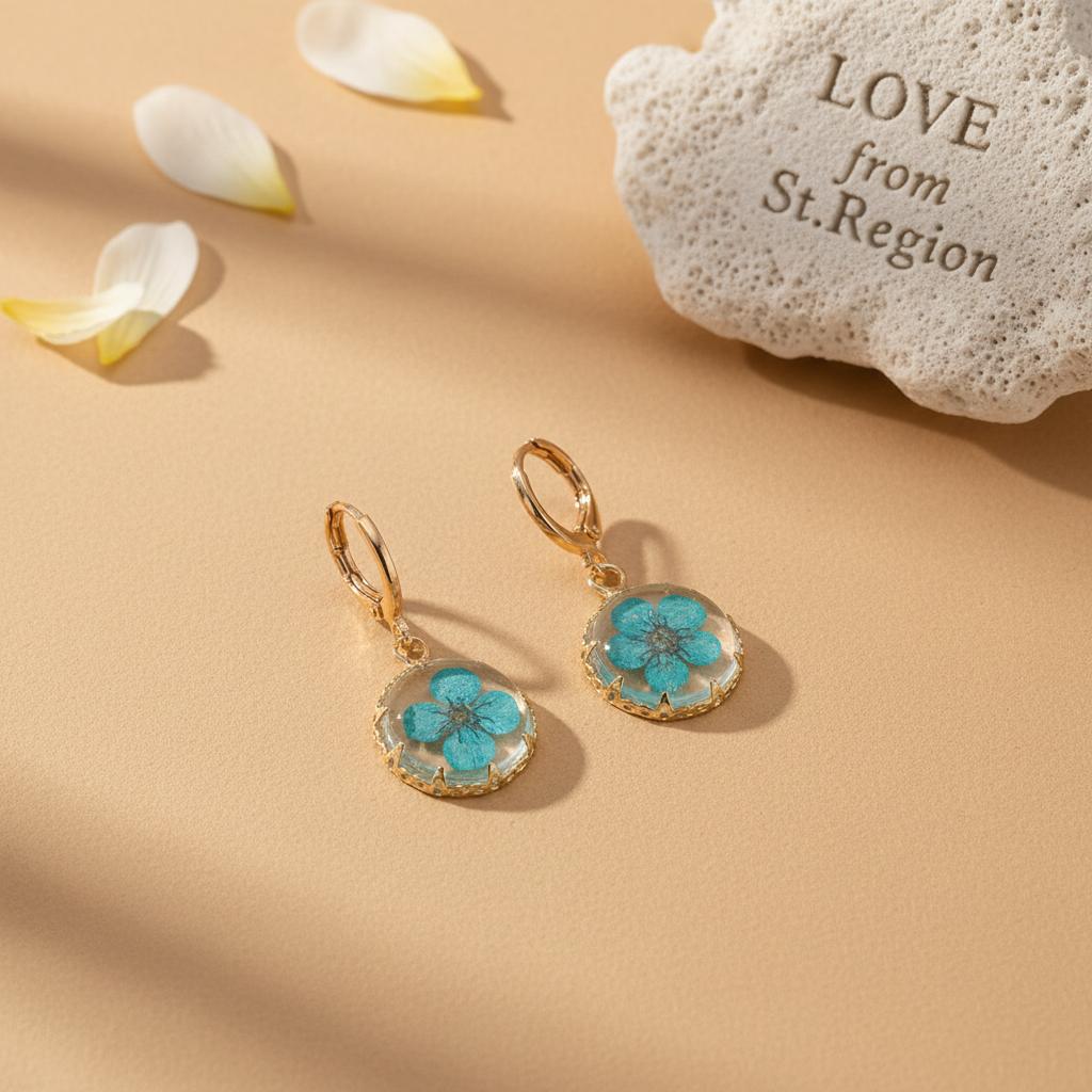 Light Blue Pressed Flower and Goldtone Round Huggie Earrings, gold huggie earrings, everyday style, lifestyle look