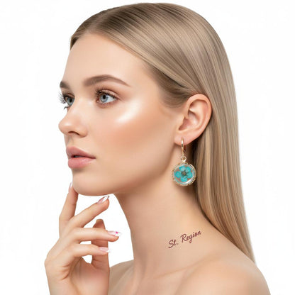 Light Blue Pressed Flower and Goldtone Round Huggie Earrings, gold huggie earrings, everyday style, styled look