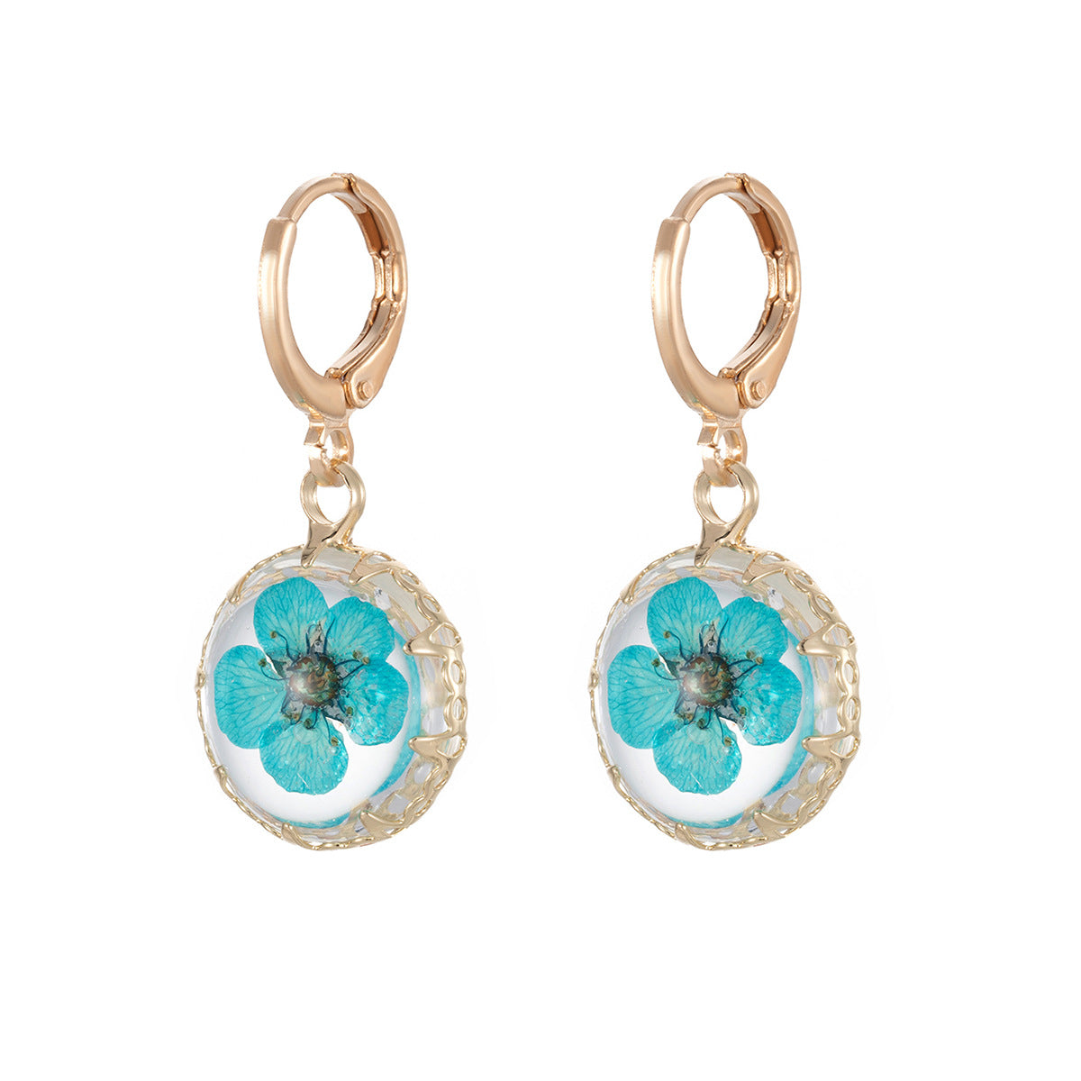 Light Blue Pressed Flower & Goldtone Round Huggie Earrings